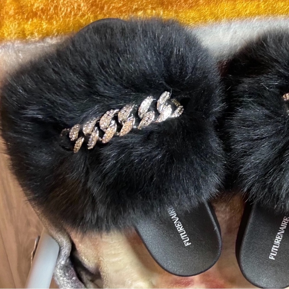 Black Genuine Fur Chain Slide Sandals